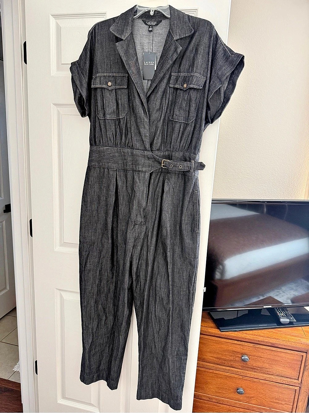 Lauren Ralph Lauren Belted Denim Wide-Leg Jumpsuit Size 14